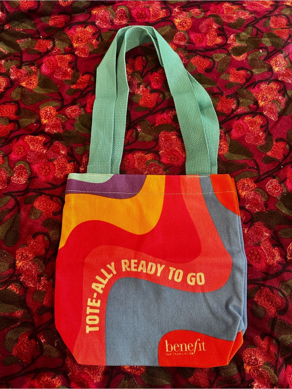 Benefit Multicolor Wave Tote with Teal Straps INCLUDES HAIR SCRUNCHIES!